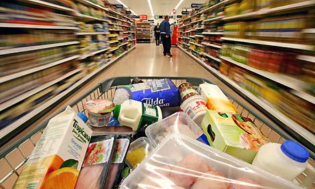 full shopping basket in a supermarket